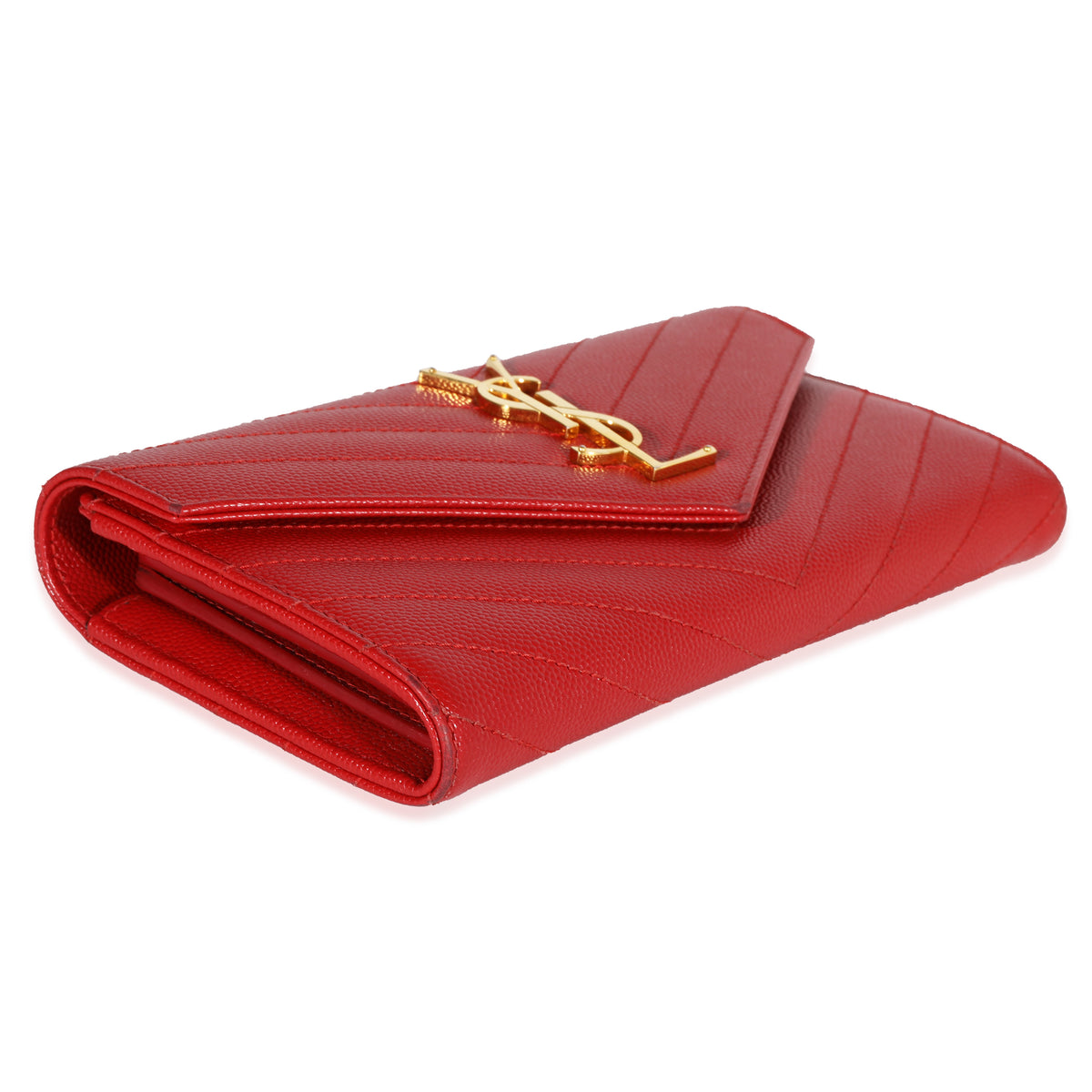 Saint Laurent Red Grain De Poudre Matelassé Chevron Monogram Continental Wallet