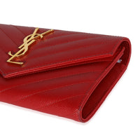 Saint Laurent Red Grain De Poudre Matelassé Chevron Monogram Continental Wallet