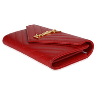 Saint Laurent Red Grain De Poudre Matelassé Chevron Monogram Continental Wallet