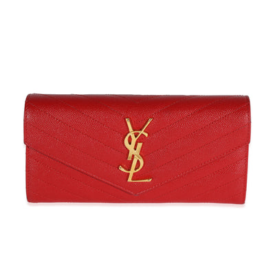 Saint Laurent Red Grain De Poudre Matelassé Chevron Monogram Continental Wallet