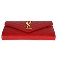 Saint Laurent Red Grain De Poudre Matelassé Chevron Monogram Continental Wallet