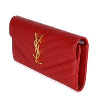 Saint Laurent Red Grain De Poudre Matelassé Chevron Monogram Continental Wallet