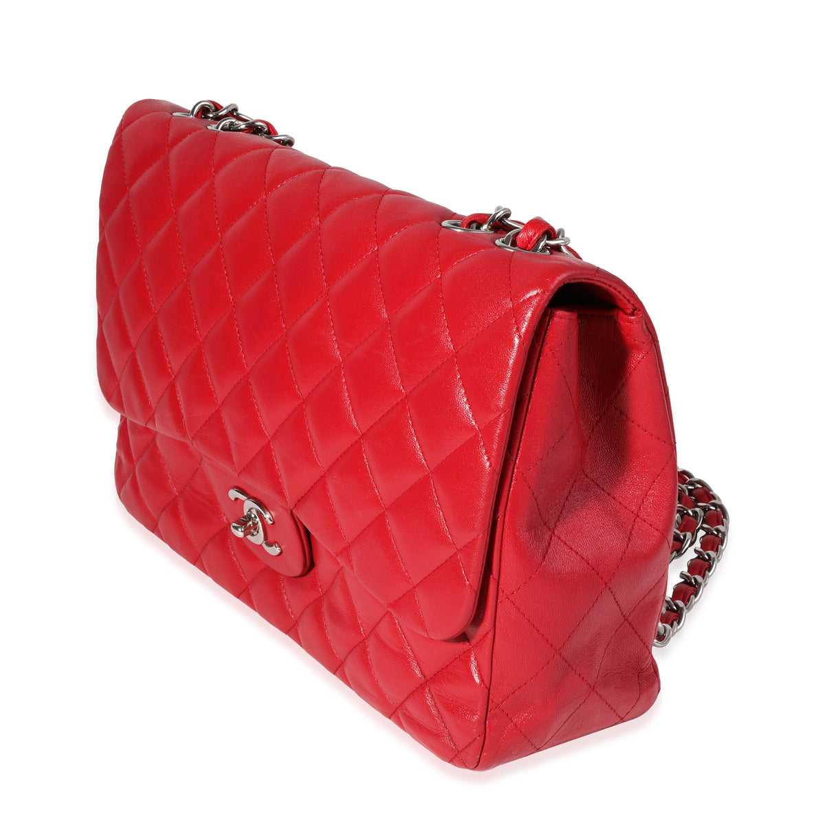 Chanel Red Quilted Lambskin Jumbo Classic Single Flap Bag