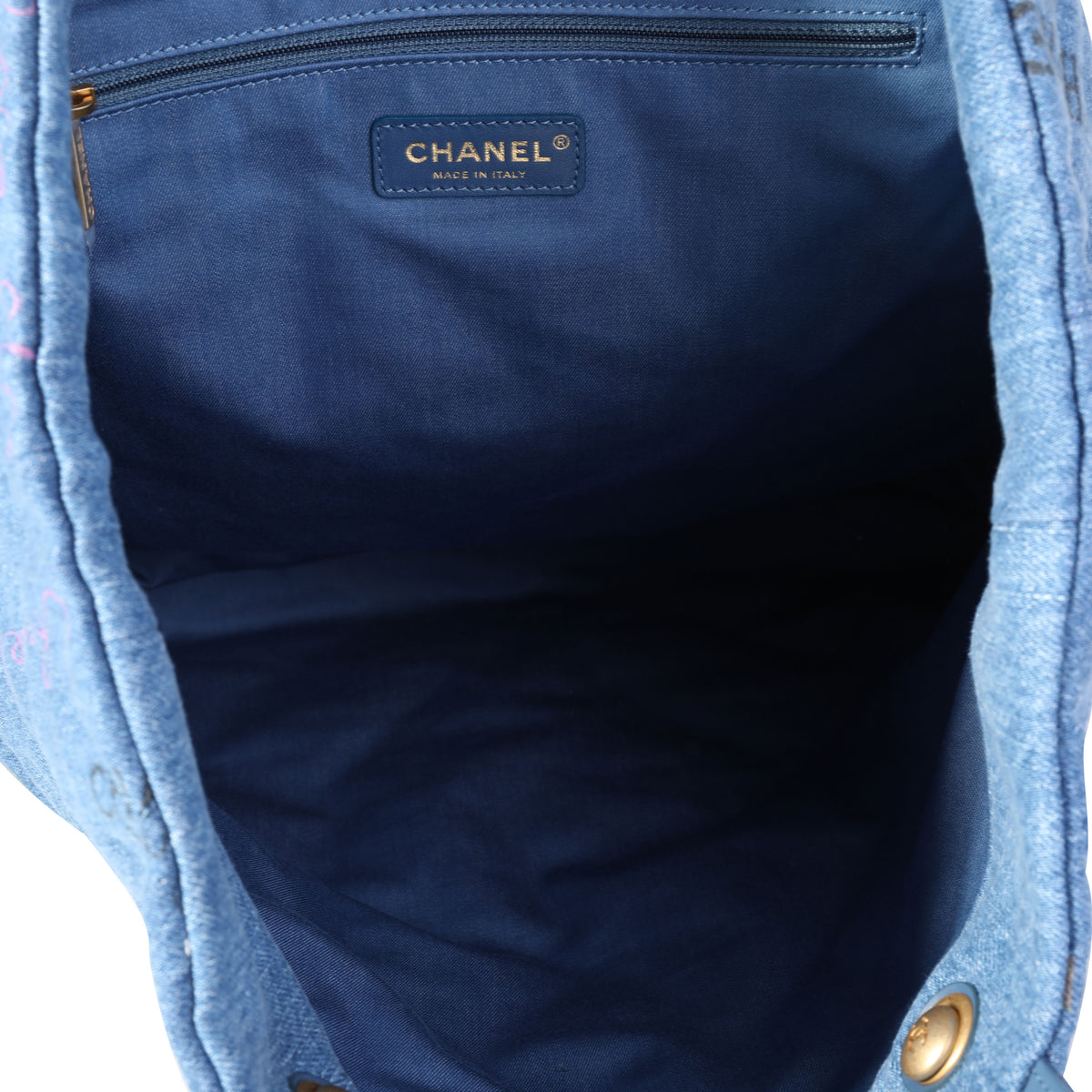 CHANEL Denim Printed Shopping Bag Blue 1276730
