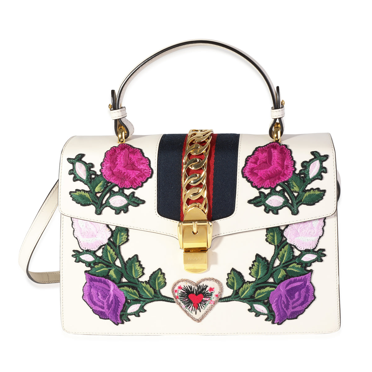 Gucci Cream & Multicolor Floral Embroidery Medium Sylvie Top Handle Bag