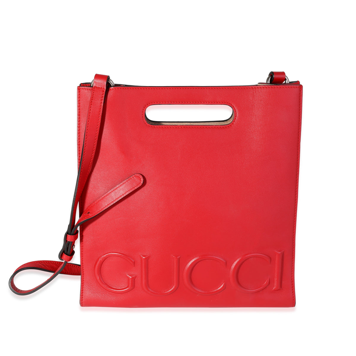 Gucci Red Leather Embossed Logo Tote