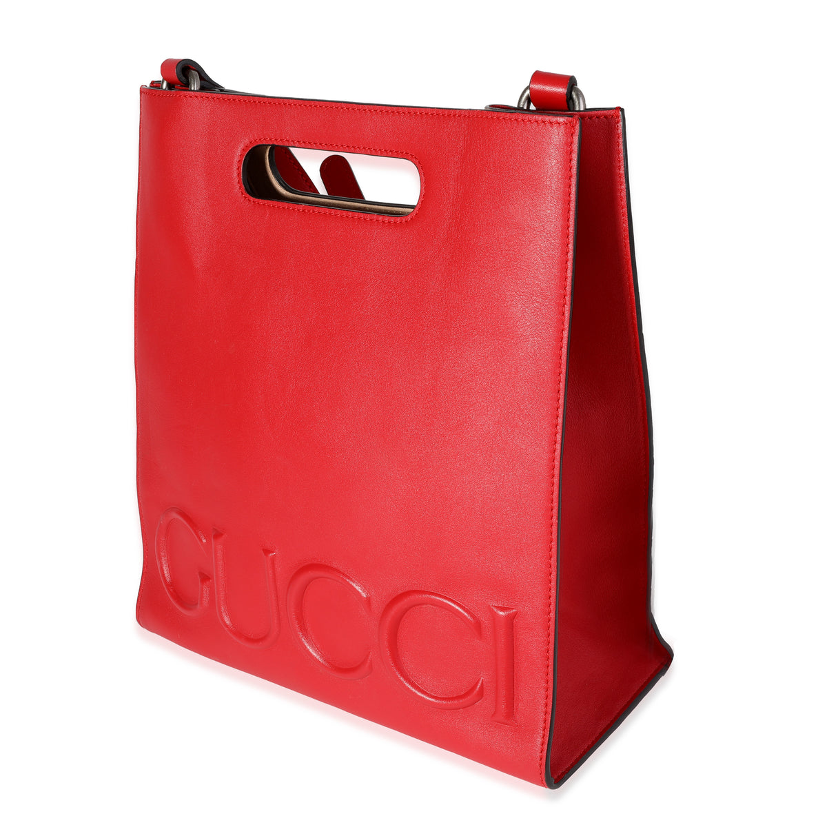Gucci Red Leather Embossed Logo Tote