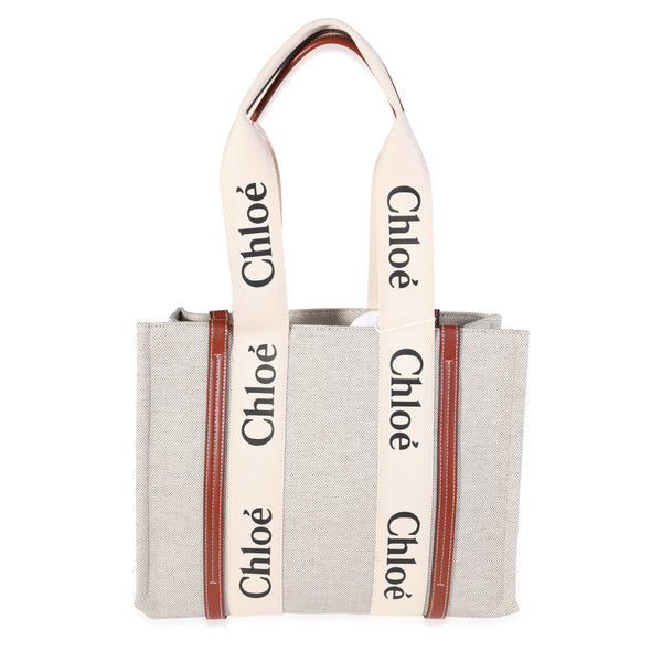 Chloe White Canvas Brown Calfskin Medium Woody Tote myGemma