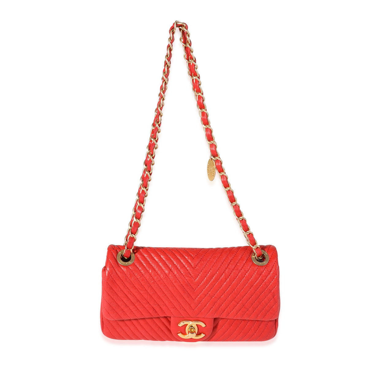 Chanel Red Chevron Wrinkled Leather Mini Rectangular Medallion Flap Bag