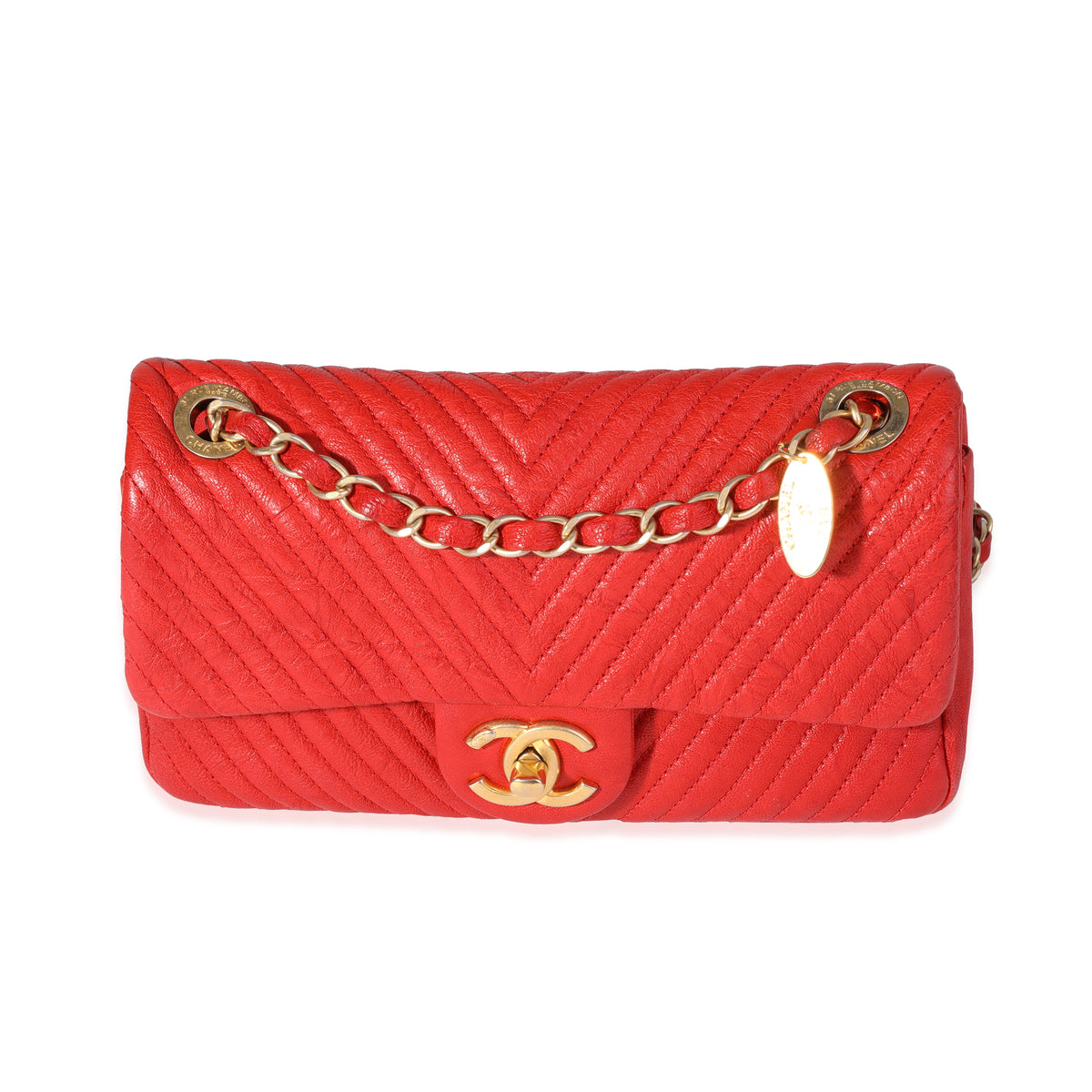 Chanel Red Chevron Wrinkled Leather Mini Rectangular Medallion Flap Bag, myGemma, NZ