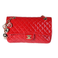 Chanel Red Quilted Patent Leather Valentines Day Medium Single Flap Bag