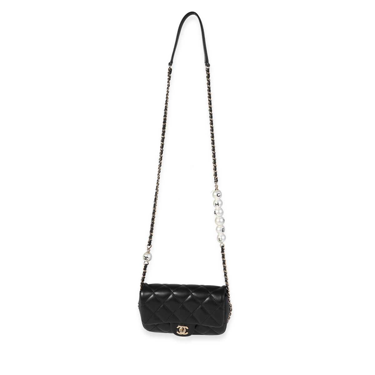 Chanel Black Quilted Lambskin Pearl Logo Strap Small Flap Bag
