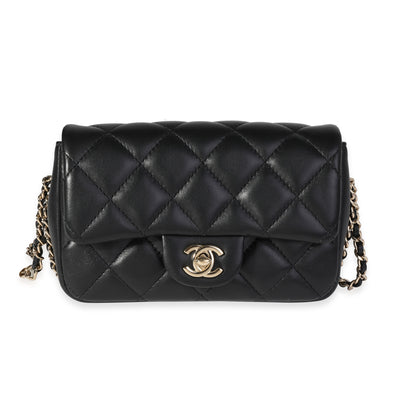 Chanel Black Quilted Lambskin Pearl Logo Strap Small Flap Bag