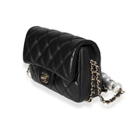 Chanel Black Quilted Lambskin Pearl Logo Strap Small Flap Bag