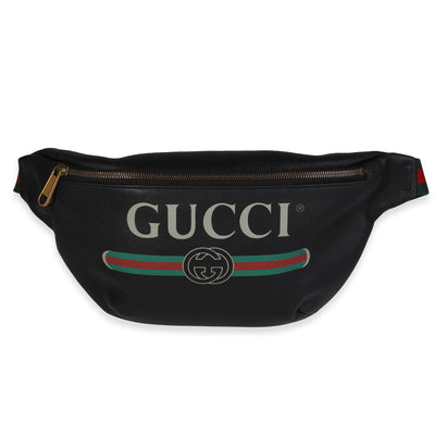 Gucci Black Grained Calfskin Logo Print Web Belt Bag