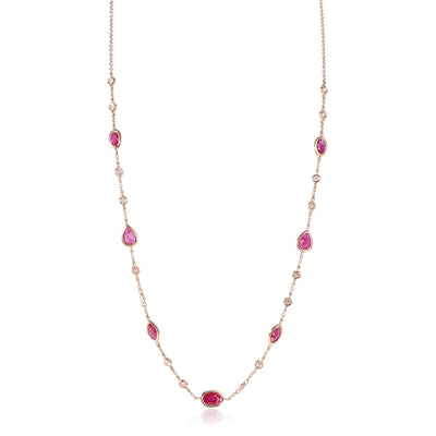 Ruby Diamond Station Necklace in 14k Rose Gold 0.15 CTW