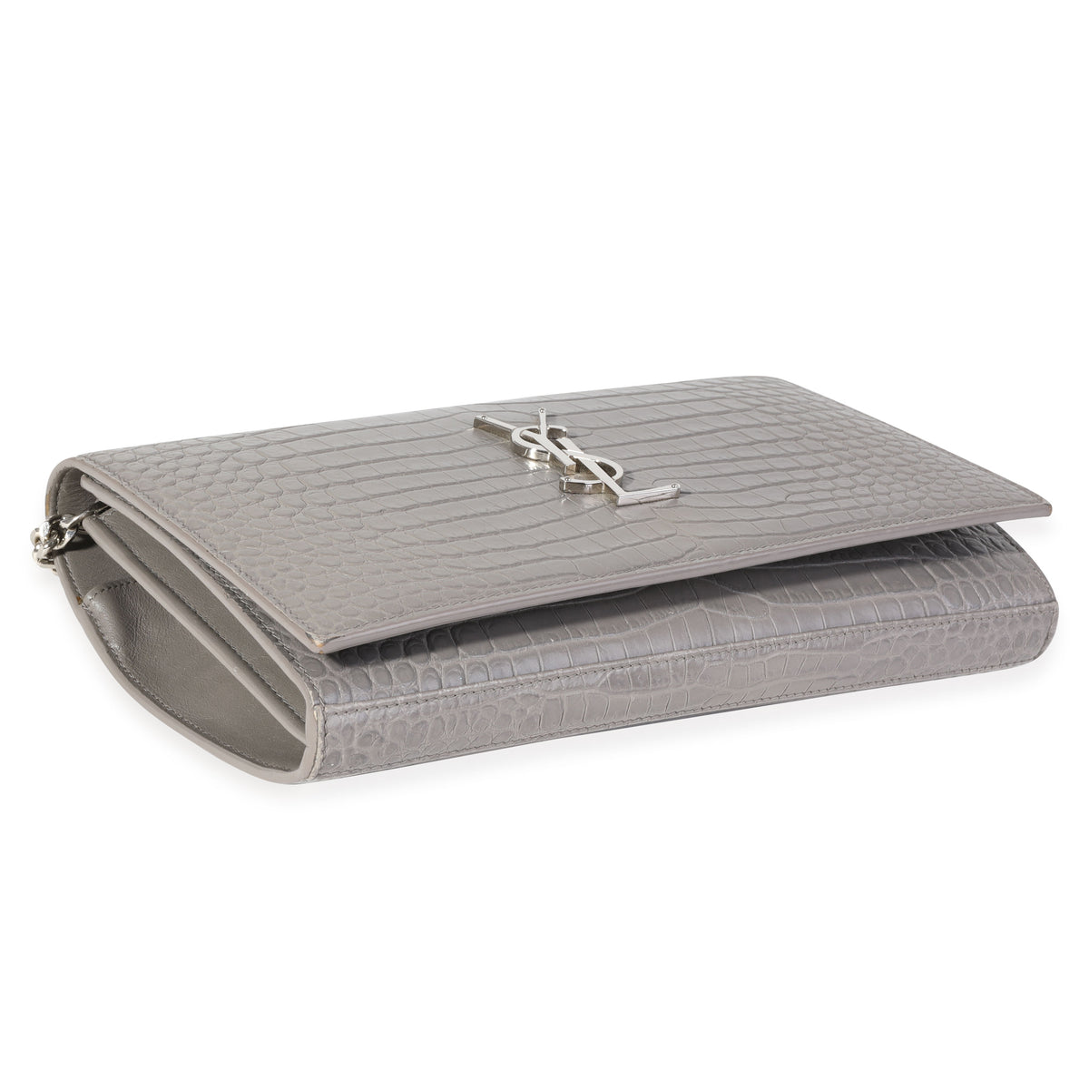 Saint Laurent Gray Crocodile-Embossed Kate Chain Wallet