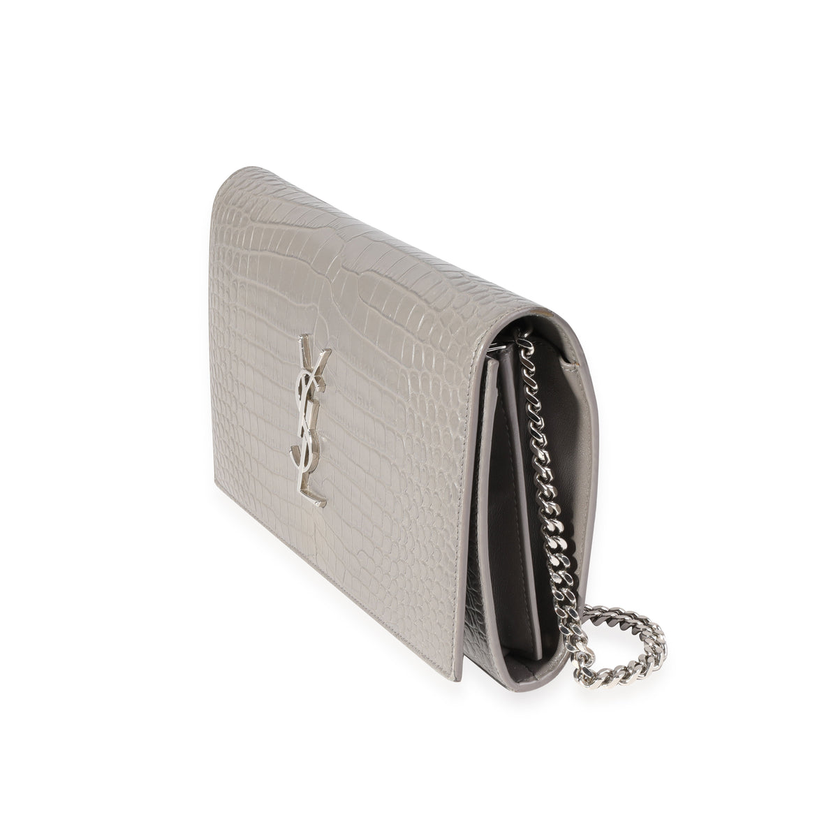 Saint Laurent Gray Crocodile-Embossed Kate Chain Wallet