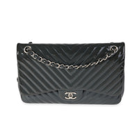 Chanel Navy Chevron Quilted Patent Jumbo Classic Double Flap Bag