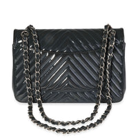 Chanel Navy Chevron Quilted Patent Jumbo Classic Double Flap Bag