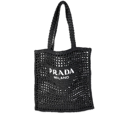 Prada Black & White Logo Raffia Tote