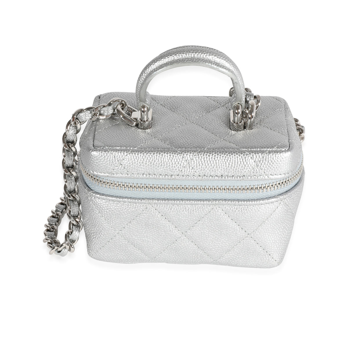 Chanel Silver Metallic Quilted Caviar Mini Vanity Bag With Chain