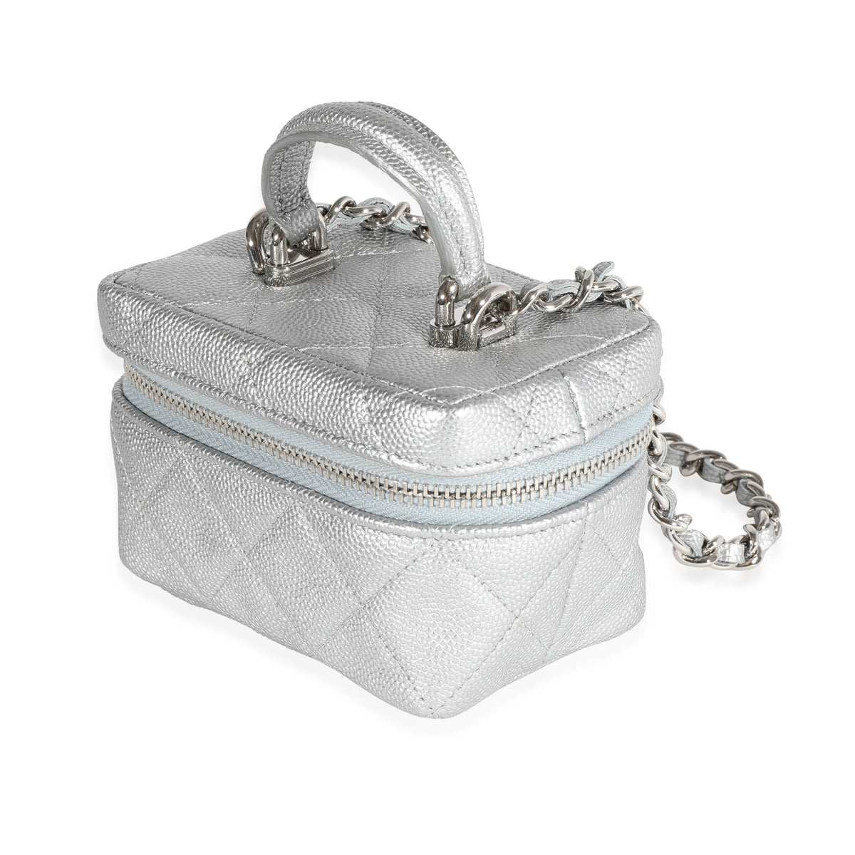 Chanel Silver Metallic Quilted Caviar Mini Vanity Bag With Chain