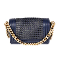 Chanel Navy Calfskin & Gold Metallic Woven Small Boy Bag