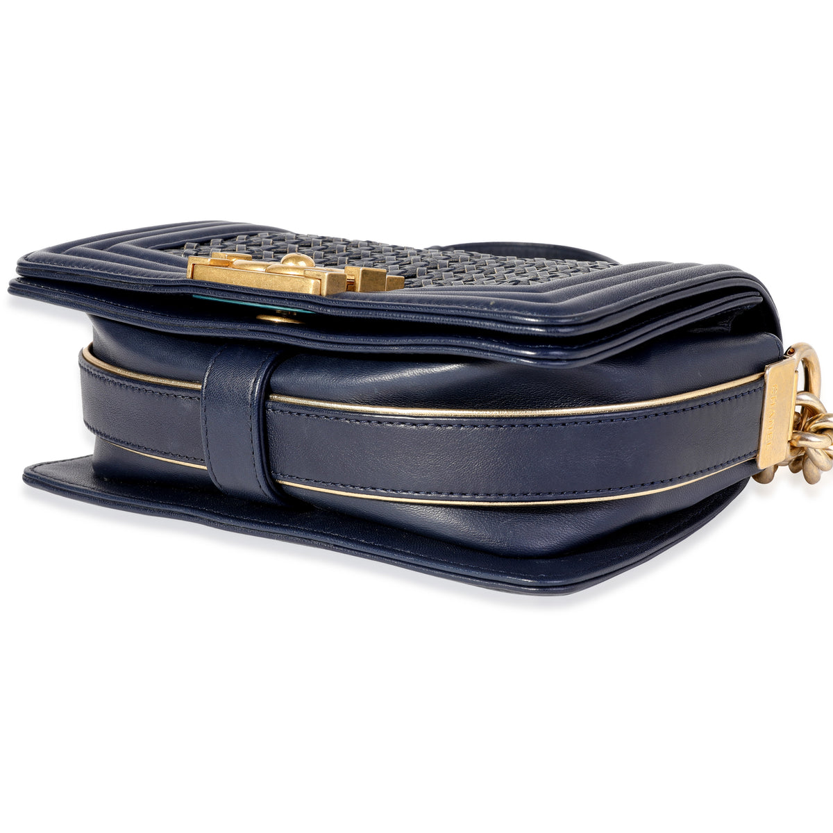 Chanel Navy Calfskin & Gold Metallic Woven Small Boy Bag