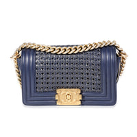 Chanel Navy Calfskin & Gold Metallic Woven Small Boy Bag