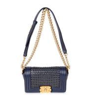 Chanel Navy Calfskin & Gold Metallic Woven Small Boy Bag