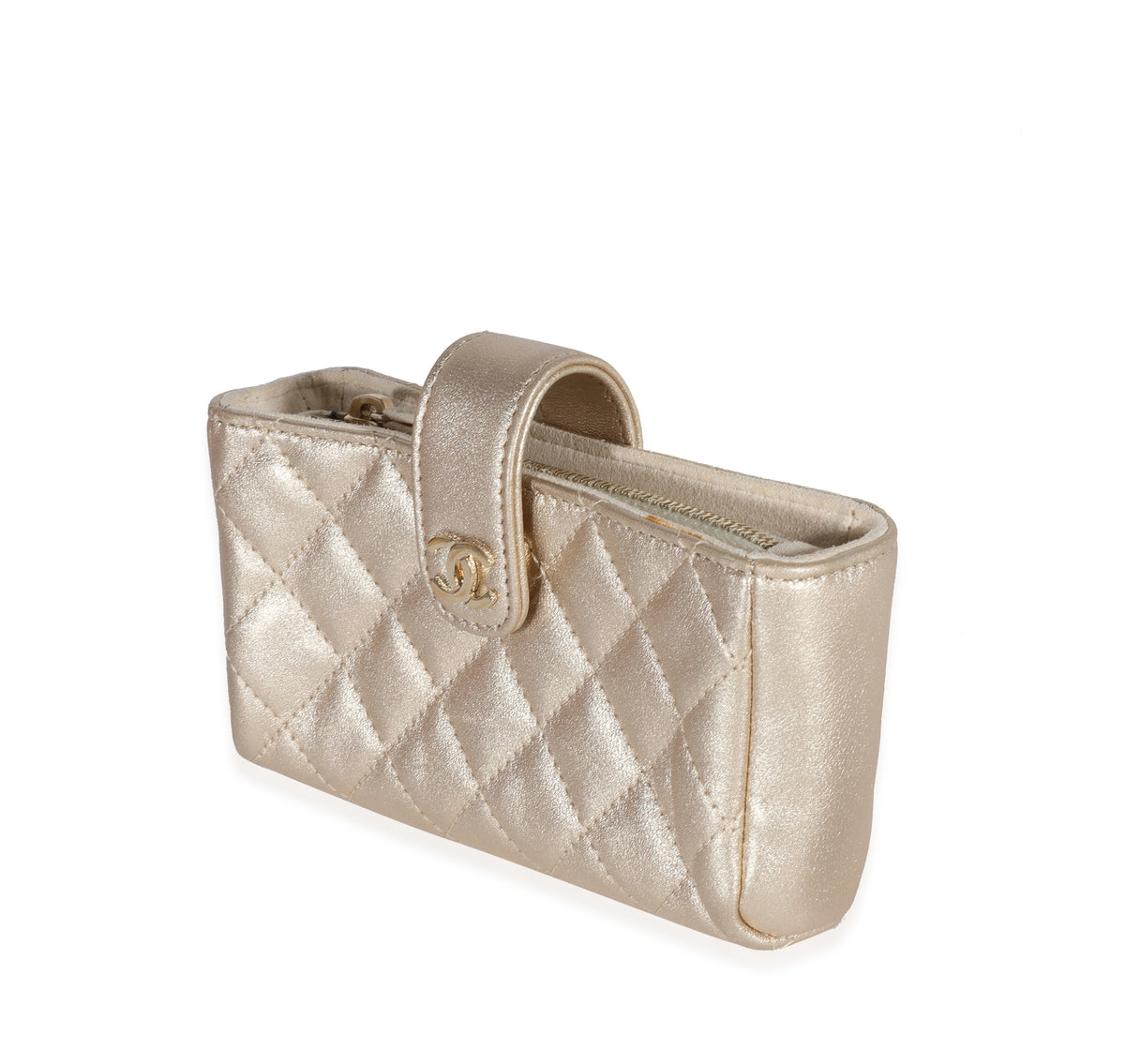 Chanel Gold Quilted Lambskin Mini Phone Holder Clutch