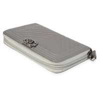 Chanel Silver Chevron Quilted Zip-Around Boy Wallet