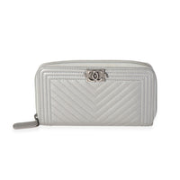 Chanel Silver Chevron Quilted Zip-Around Boy Wallet