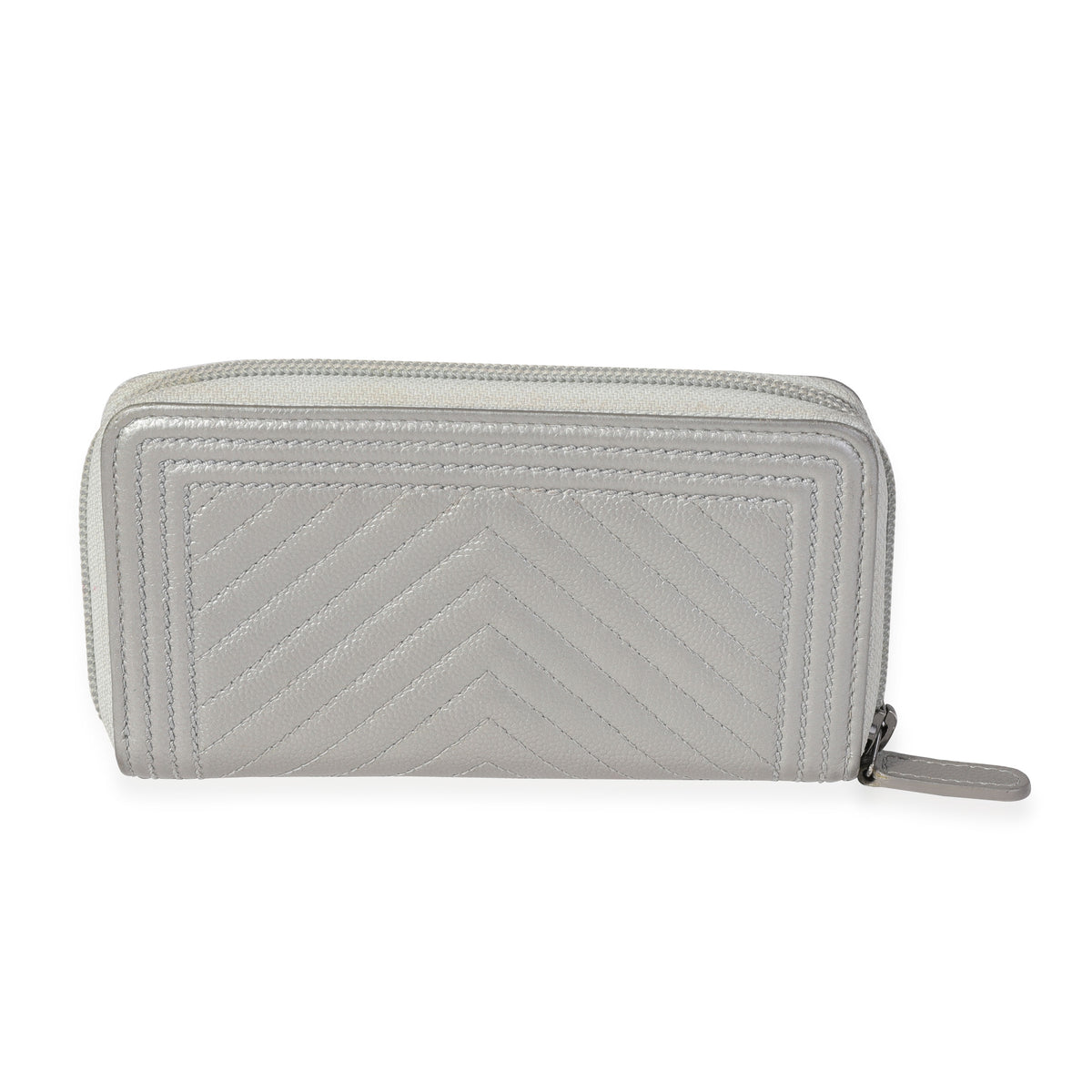 Chanel Silver Chevron Quilted Zip-Around Boy Wallet