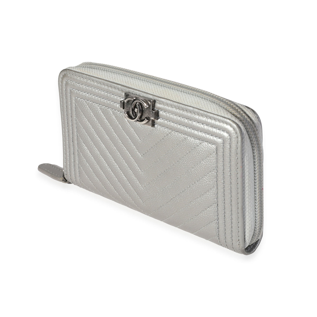 Chanel Silver Chevron Quilted Zip-Around Boy Wallet