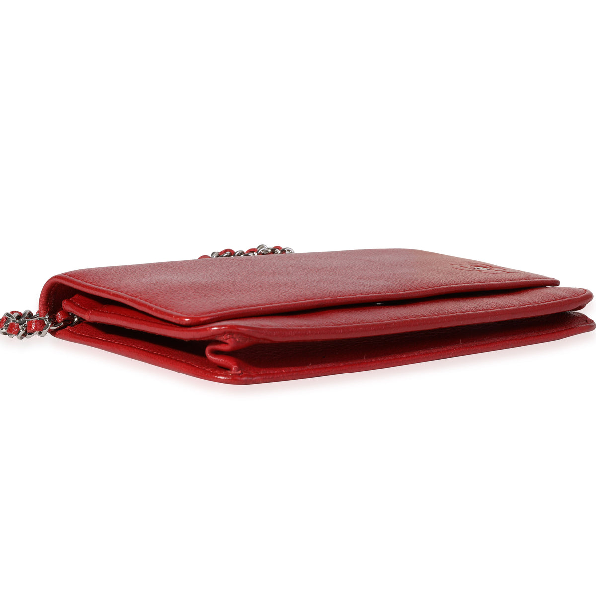 Chanel Red Grained Leather Camellia Wallet On Chain