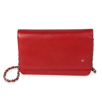 Chanel Red Grained Leather Camellia Wallet On Chain