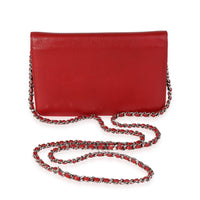 Chanel Red Grained Leather Camellia Wallet On Chain