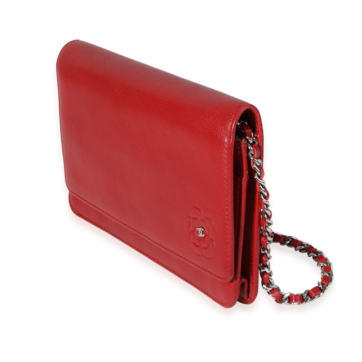 Chanel Red Grained Leather Camellia Wallet On Chain