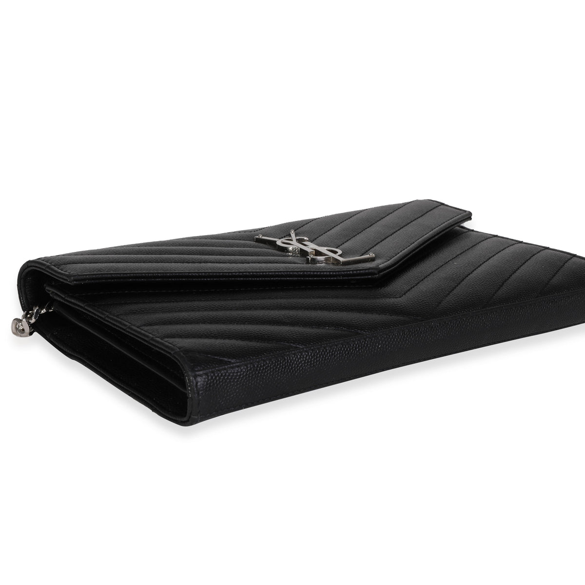 Saint Laurent Grain De Poudre Matelasse Chevron Monogram Chain Wallet Black