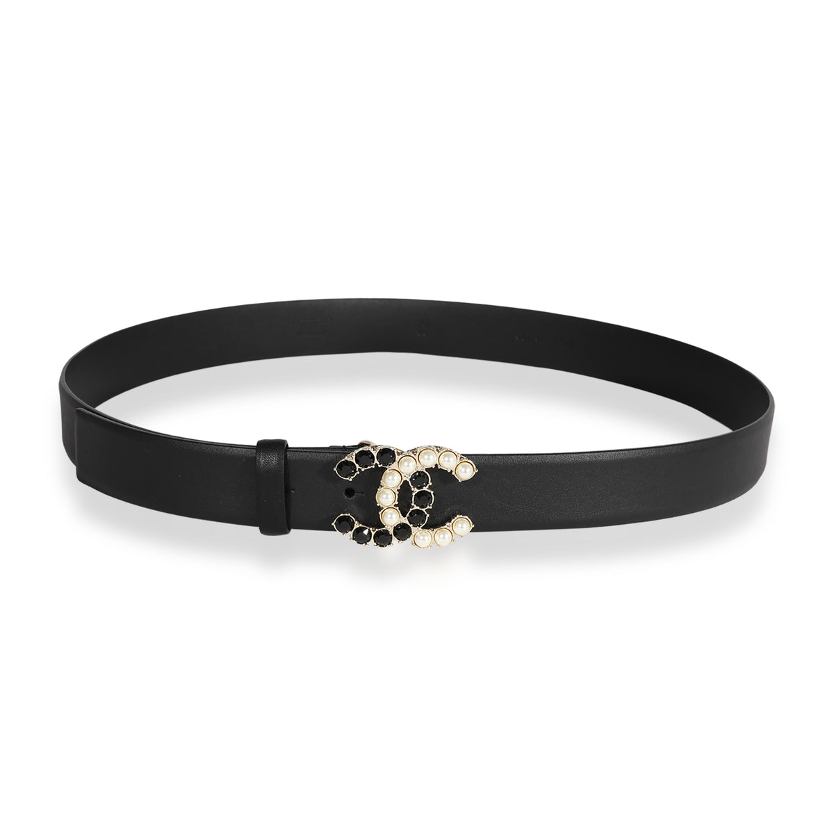 Chanel Black Crystal Faux Pearl CC Leather Belt