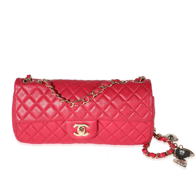 Chanel Red Quilted Lambskin Valentines Day East West Single Flap Bag