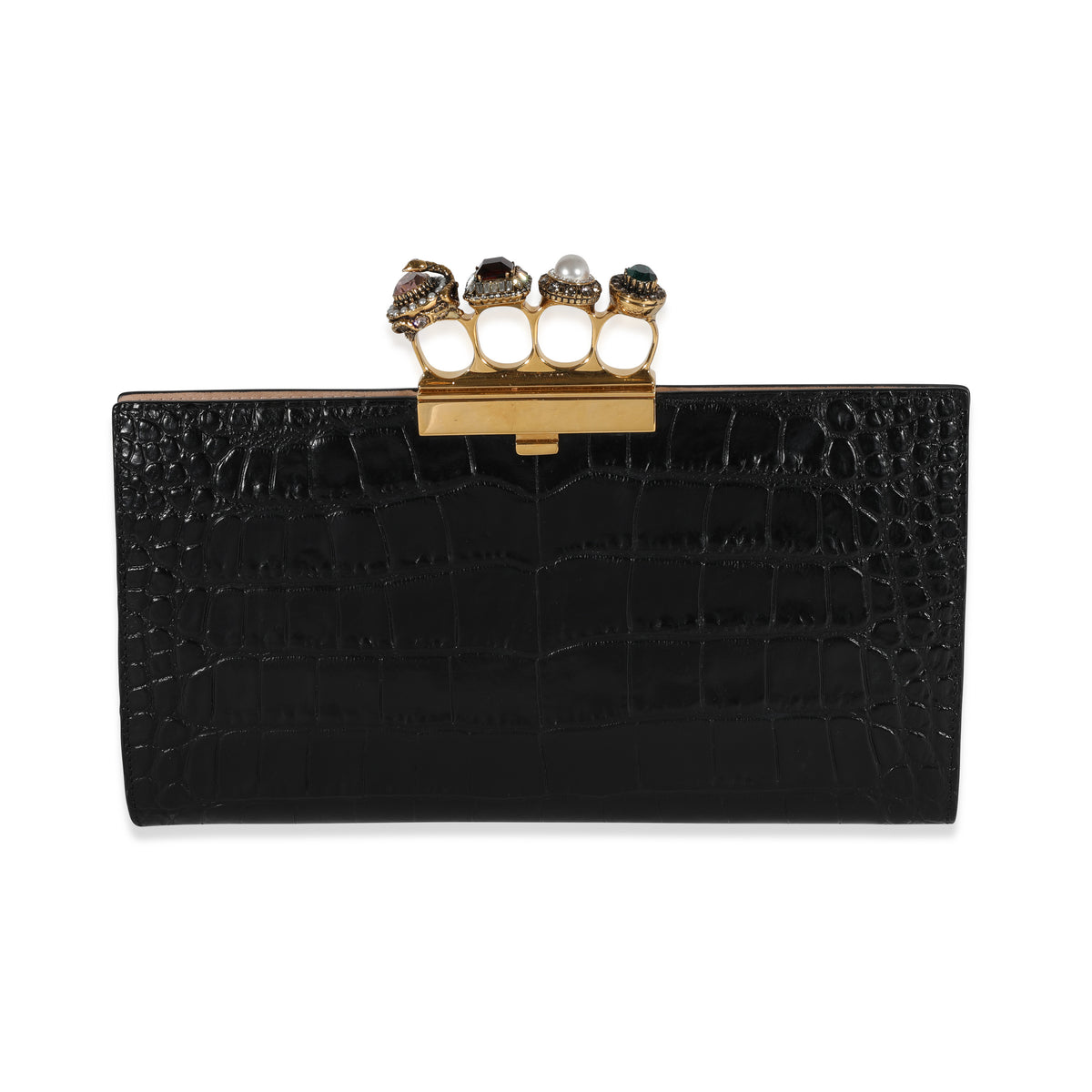 McQueen Alexander McQueen Croc-Embossed Leather Skull Four-Ring Flat Pouch