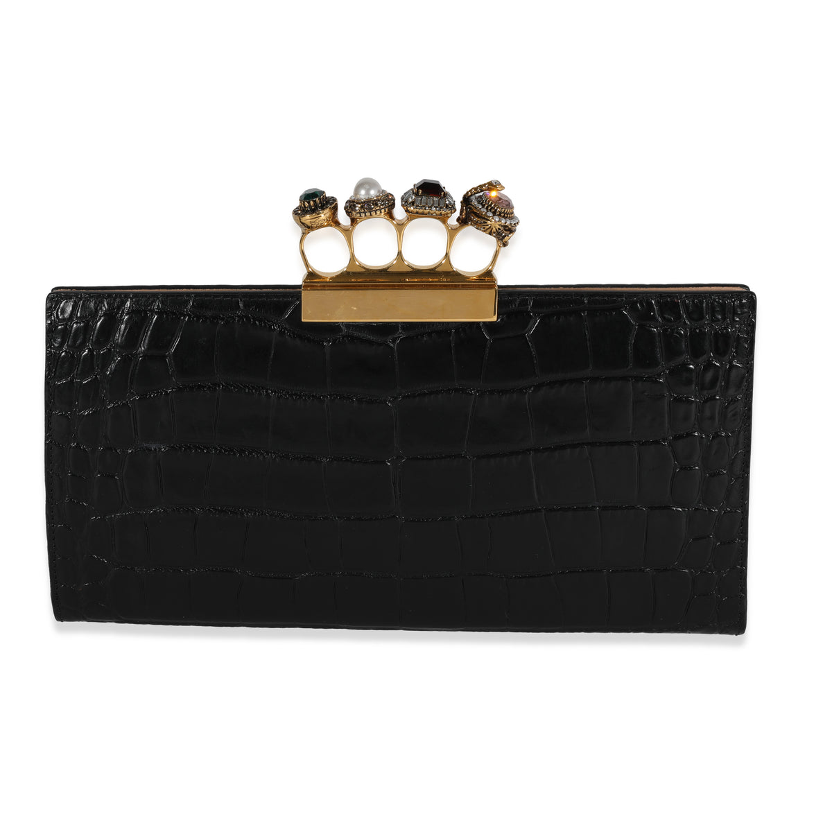 McQueen Alexander McQueen Croc-Embossed Leather Skull Four-Ring Flat Pouch