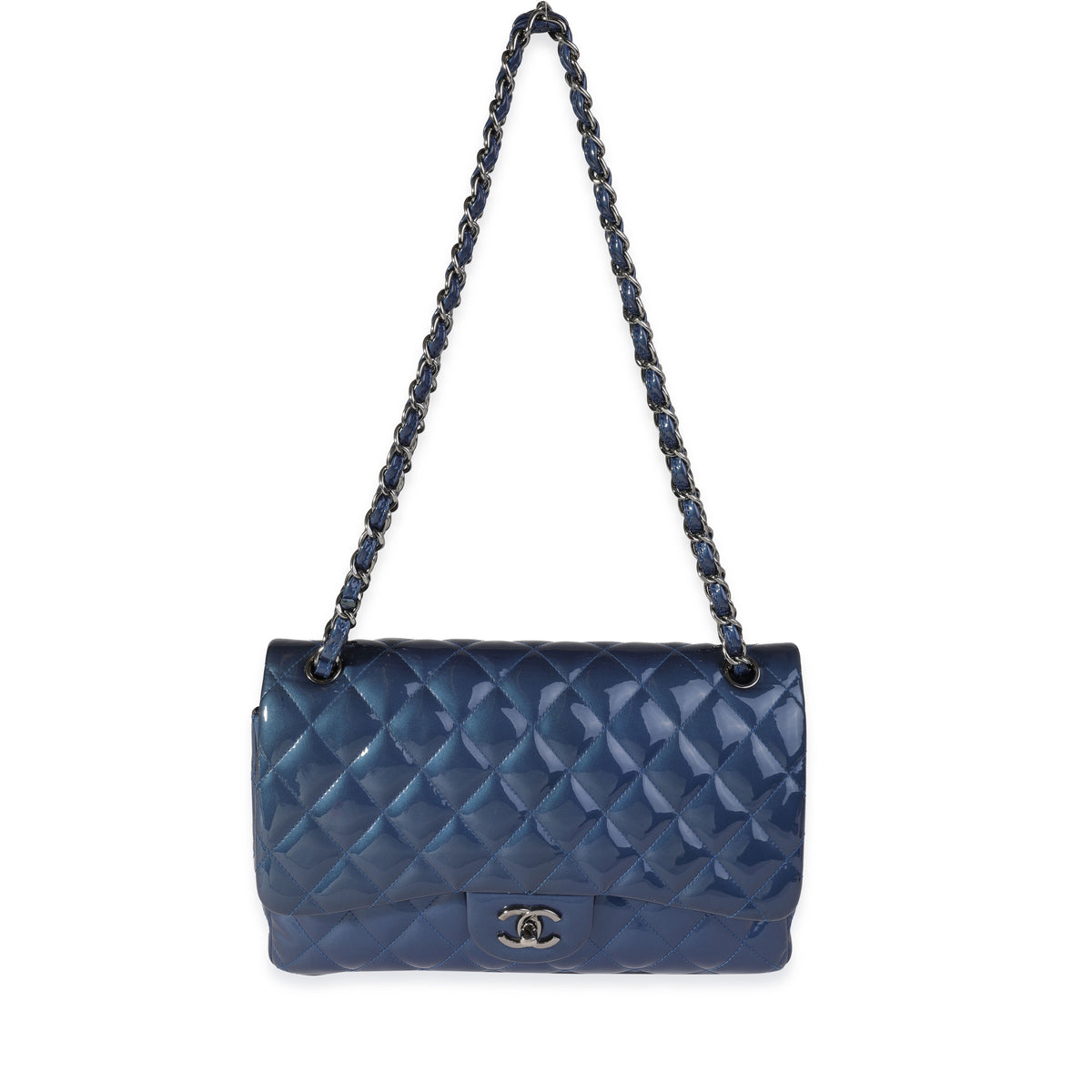 Chanel Blue Quilted Patent Leather Jumbo Classic Double Flap Bag, myGemma