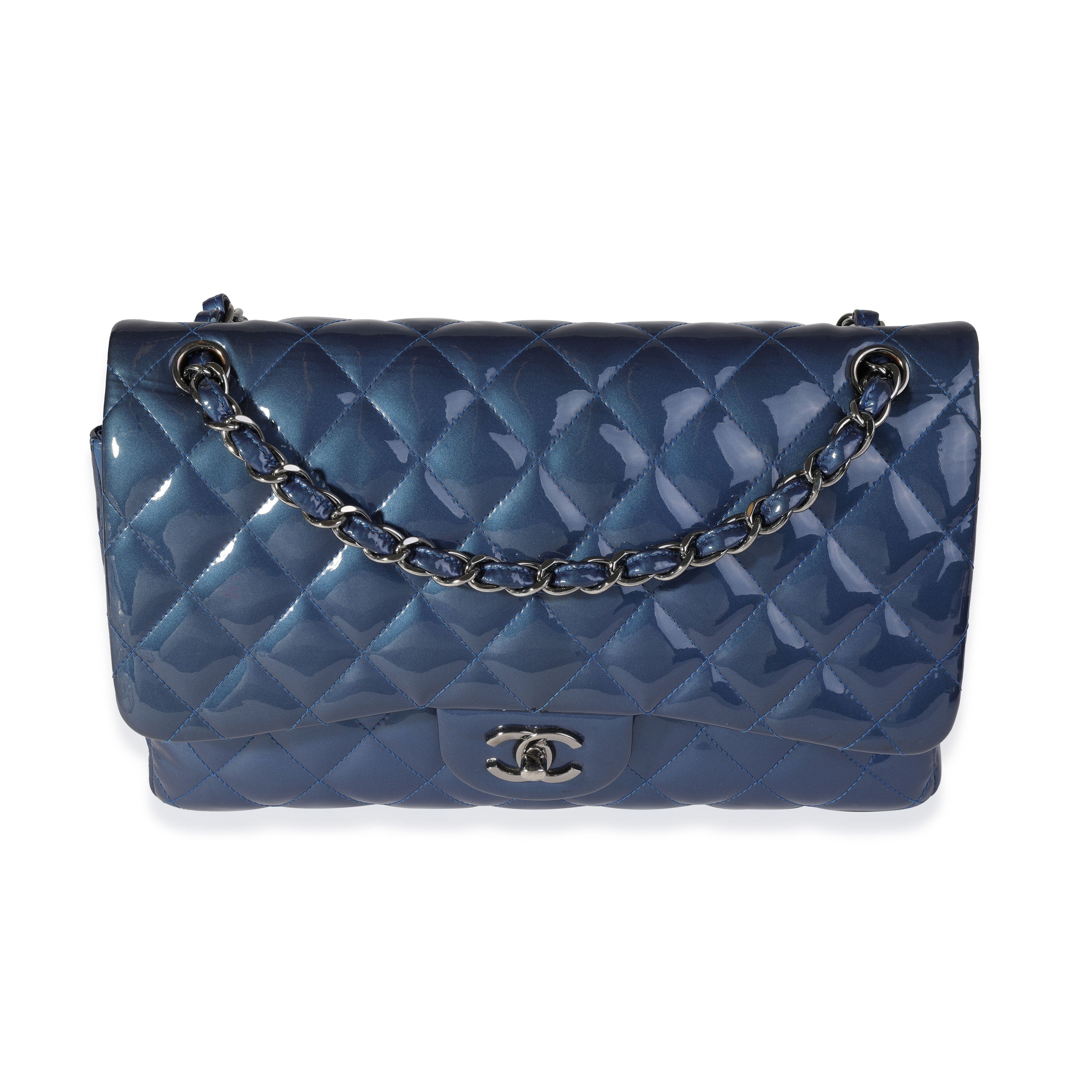 Chanel Blue Patent Leather Quilted Jumbo Classic Double Flap Bag, myGemma