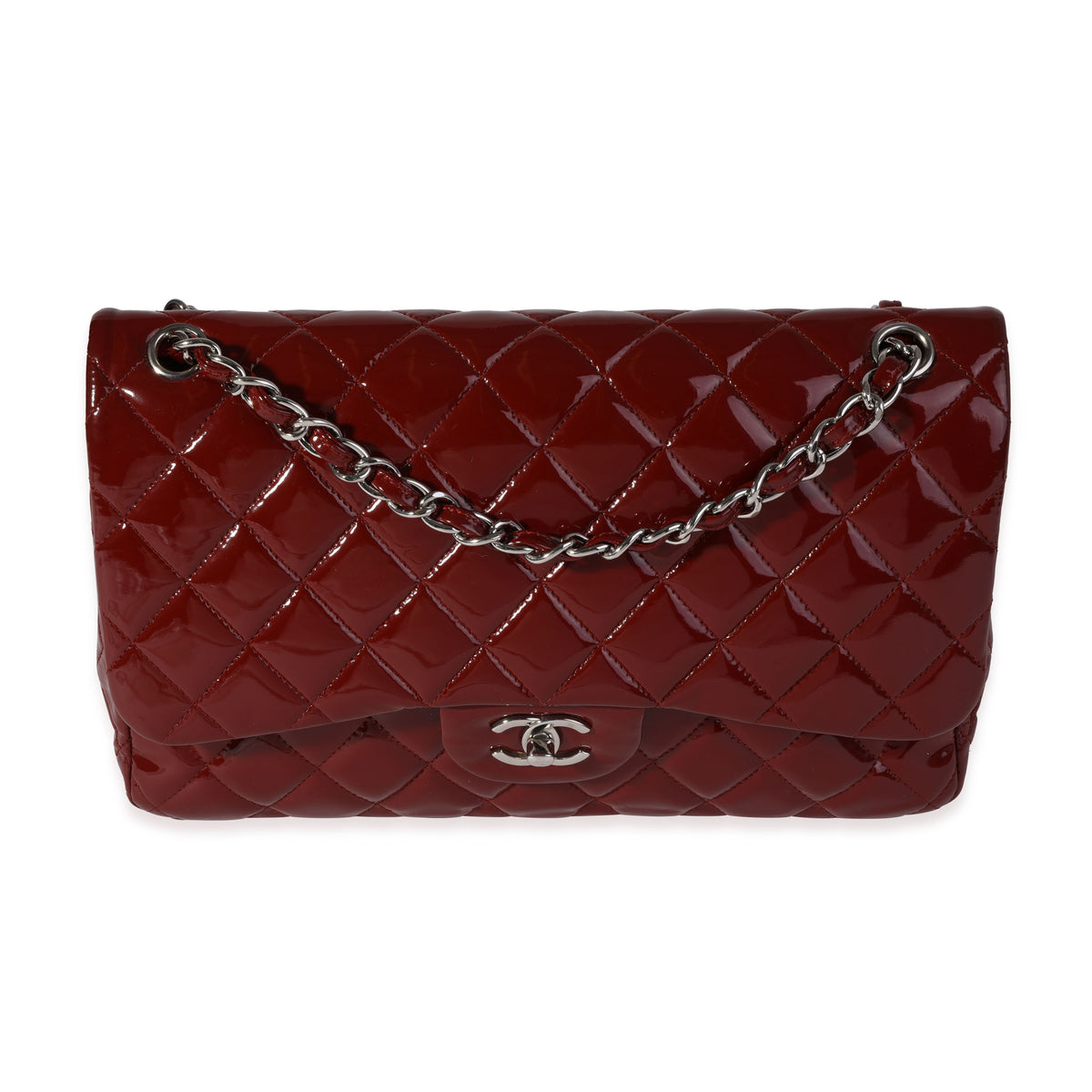 Chanel Dark Red Quilted Patent Leather Jumbo Classic Double Flap