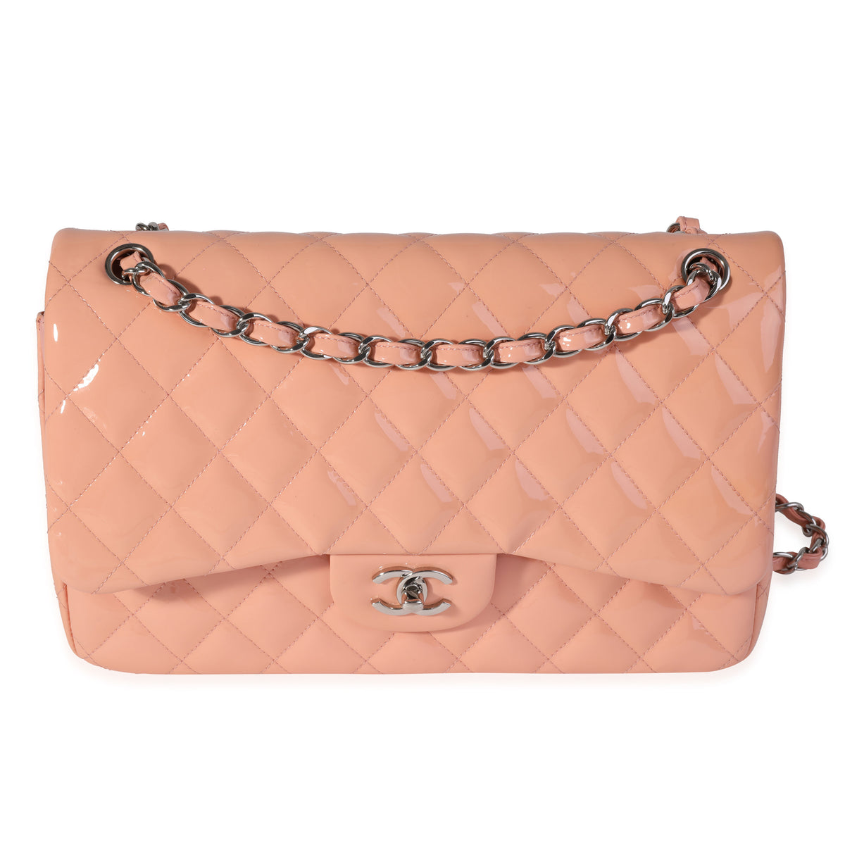 Chanel Salmon Pink Quilted Patent Leather Jumbo Classic Double Flap Bag