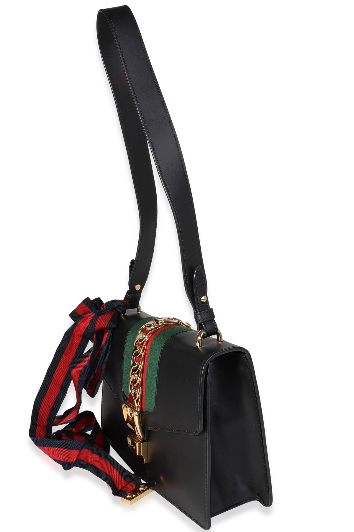 Gucci Black Smooth Leather & Web Small Sylvie Shoulder Bag